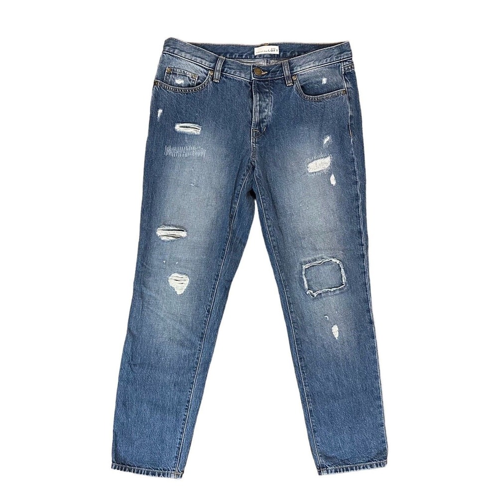 Ann Taylor Loft Boyfriend Jeans Womens Size 28 Blue Straight Mid Rise Distressed